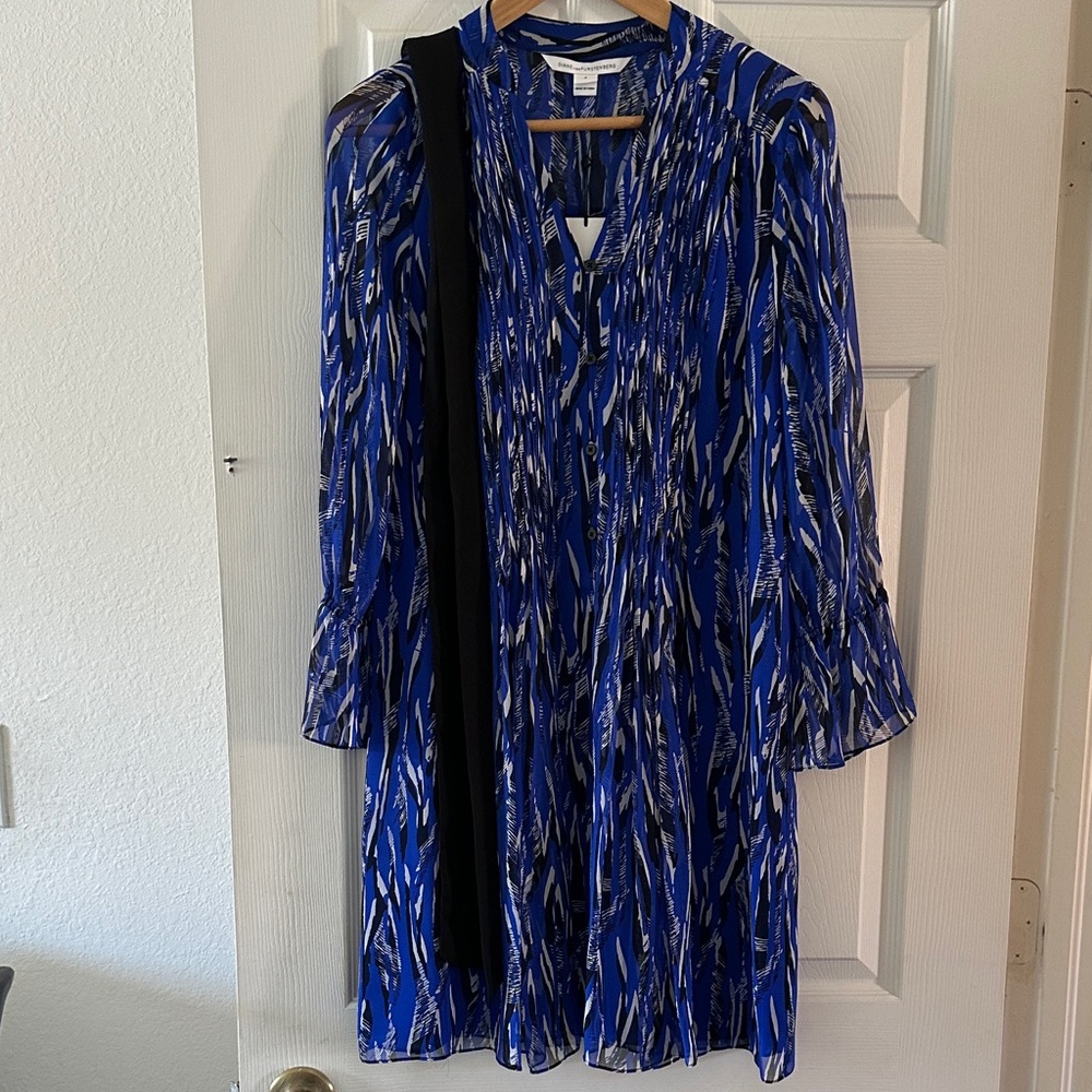 Blue Patterned Long Sleeve Dress